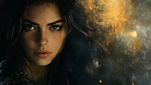 Melancholic female portrait merges realism with abstract light