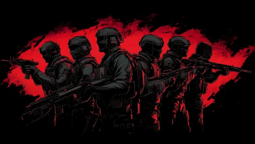 Tactical squad silhouette linework on red impact field.
