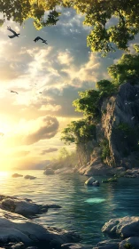 Sunlit Coastal Cliff with Flying Birds at Golden Hour
