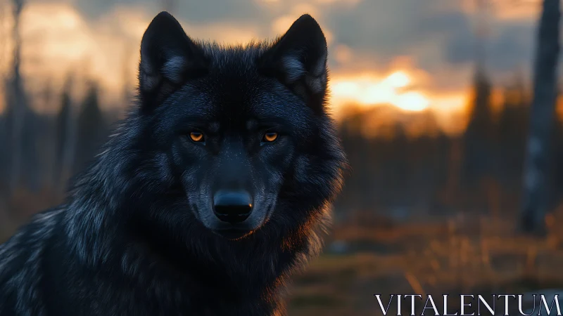 Golden eyed black wolf resting in soft sunset stillness.