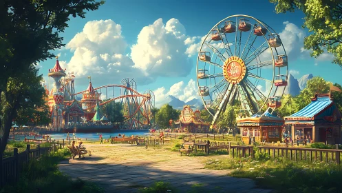 Colorful summer amusement park with ferris wheel and rides.
