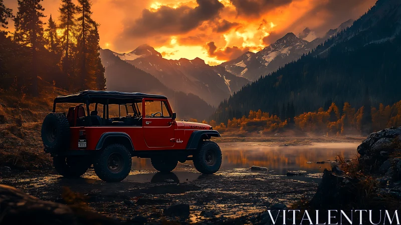 Photorealistic off‑road jeep at alpine lake under fiery sunset.