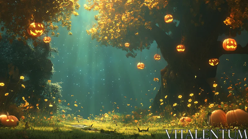 Enchanted Forest Path with Illuminated Jack-o&rsquo;-Lantern Canopy.