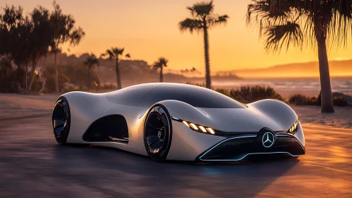 Futuristic Mercedes concept supercar at sunset coastline.