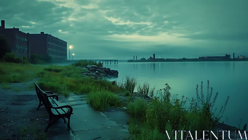 Deserted industrial lakeshore promenade at blue hour twilight