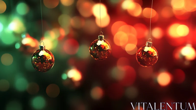 Four red glass Christmas baubles against festive bokeh.