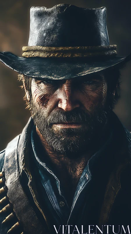 Bearded cowboy stares forward under worn black leather hat