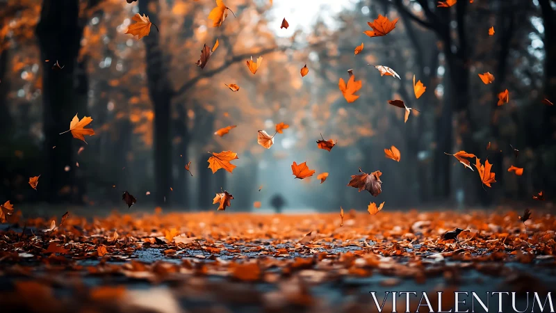 Falling autumn leaves dance above a misty forest road