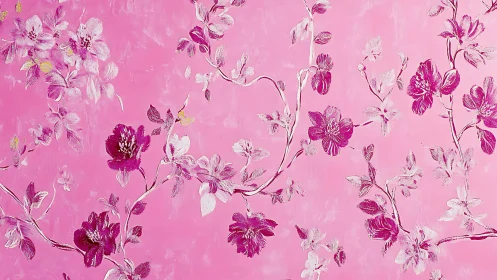 Pink background with stylized magenta floral branch pattern.
