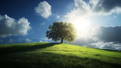 Lone Tree on Sunny Hill in Lush Green Field, Photorealistic Landscape.