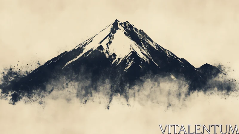 Ink style snowy mountain peak over abstract mist.