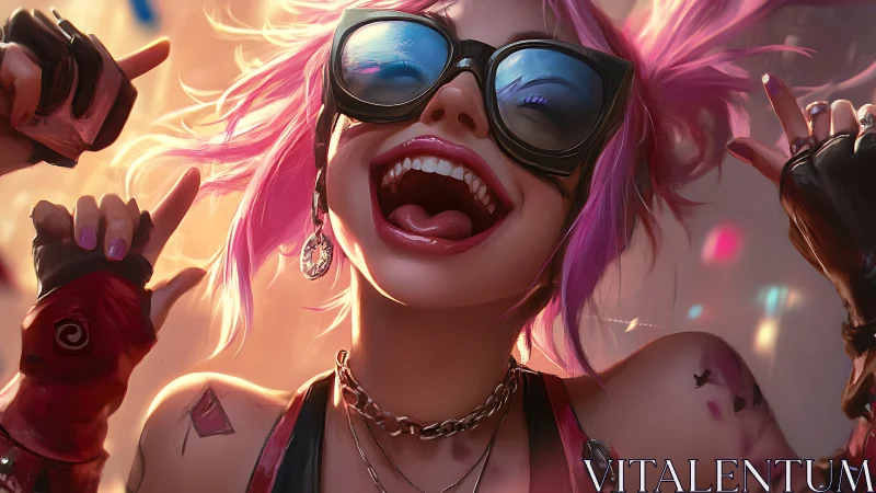 Neon haired party rebel laughs under glowing city lights.