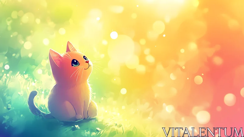 Gradient-rendered anthropomorphic feline character in luminous ethereal landscape
