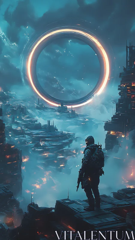 Lone soldier surveys neon ruins beneath colossal portal.