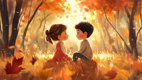 Two Children in Autumn Forest with Luminous Foliage Rendering