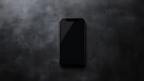 Black smartphone centered on textured dark gray concrete surface background.