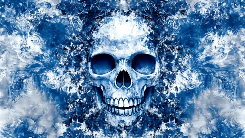 Symmetrical blue skull emerging from chaotic abstract paint field