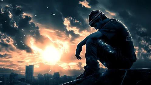 Silhouetted urban figure brooding against hyperreal sunset glow