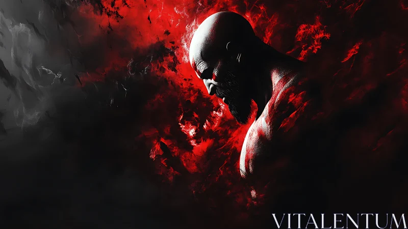 Bald male figure rendered in red and black swirling smoke