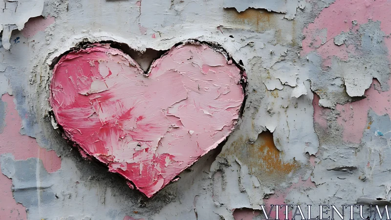 Pink heart painted on deteriorating white and gray plaster wall