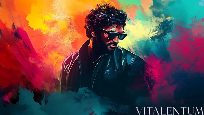 Color-drenched rebel in sunglasses framed by electric clouds.