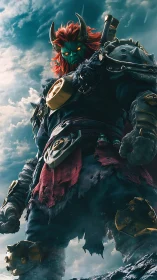 Horned armored figure stands under clouded daylight sky
