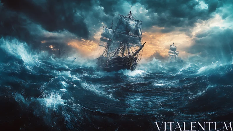 Storm-tossed tall ships chasing dawn across feral oceans.