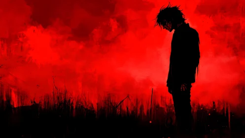 Silhouette of a fallen dreamer in a storm of crimson dusk.