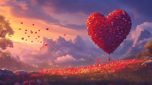 Colossal Heart Balloons Drift Through Clouds in Dreamscape Valley.