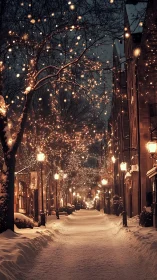 Snow covered city street with warm winter string lights.