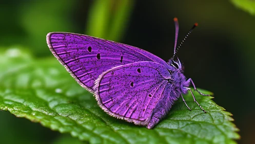 Purple butterfly close-up resting on green leaf surface.
