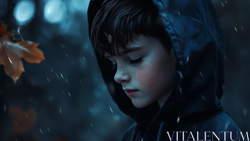 Melancholic hooded boy in rain with cinematic blue tones.