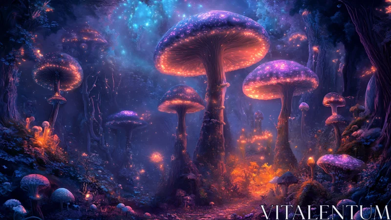 Bioluminescent fantasy forest with towering neon mushrooms at dusk