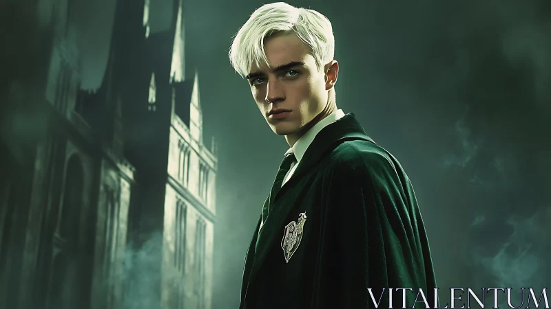 Brooding wizard student in dark green cloak at castle night.