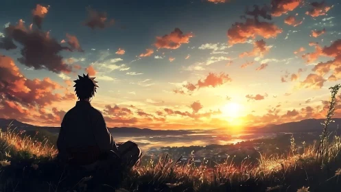 Sunset quiet moment with a lone wanderer on a hilltop.