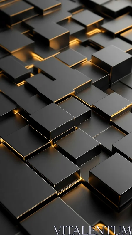 Layered black geometric blocks with subtle golden backlight.