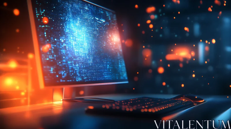 Glowing desktop computer in dark room with digital sparks.