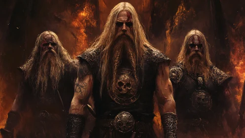 Triad of armored berserkers stand amid infernal backlighting flames