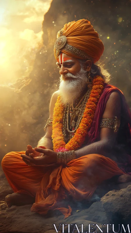 Elderly robed man meditating outdoors in warm sunlight.