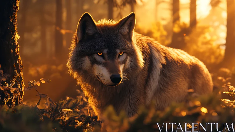 Volumetric-lit wolf in autumnal conifer forest environment.