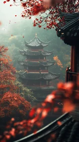 Multi-tiered pagoda stands amid dense autumn foliage in fog