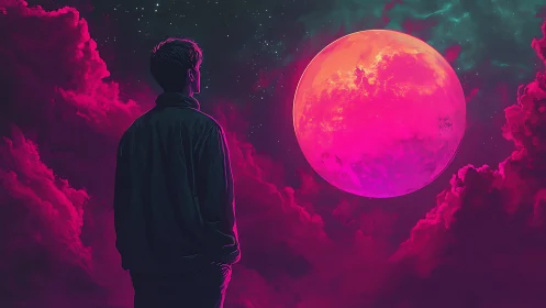 Stargazing soul pauses beneath a glowing neon pink moon
