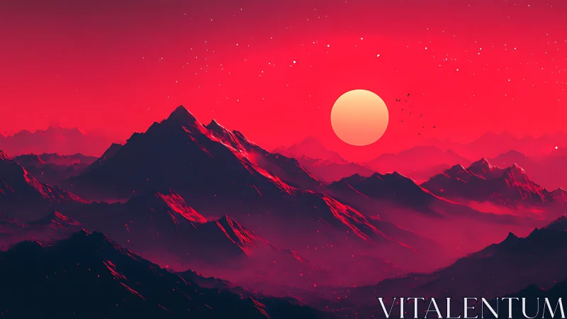 Neon crimson mountain ranges under a synthetic solar disc