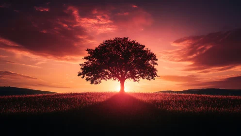 Backlit solitary tree casts radial shadow in saturated sunset field