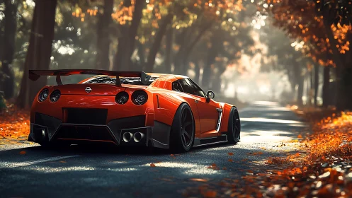 Red sports coupe on empty forest road in autumn light.
