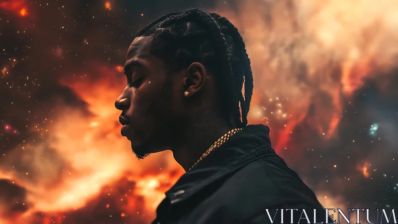 Side-profile portrait aligns braided silhouette against nebular field