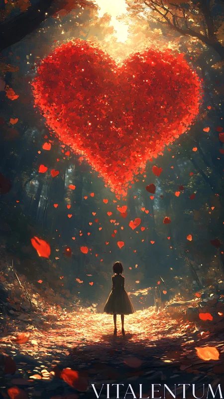 Girl stands beneath massive composite heart made of floating red fragments