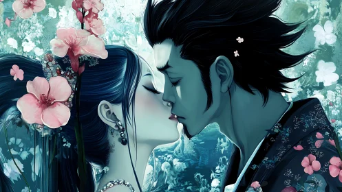 Two souls embrace amid blooming flowers and ethereal teal palette.