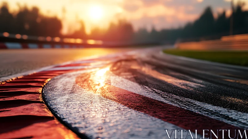 Sunlit wet racing apex captures low-angle circuit perspective