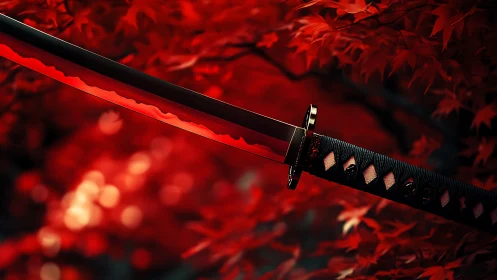 Katana blade close-up against dense red maple foliage.